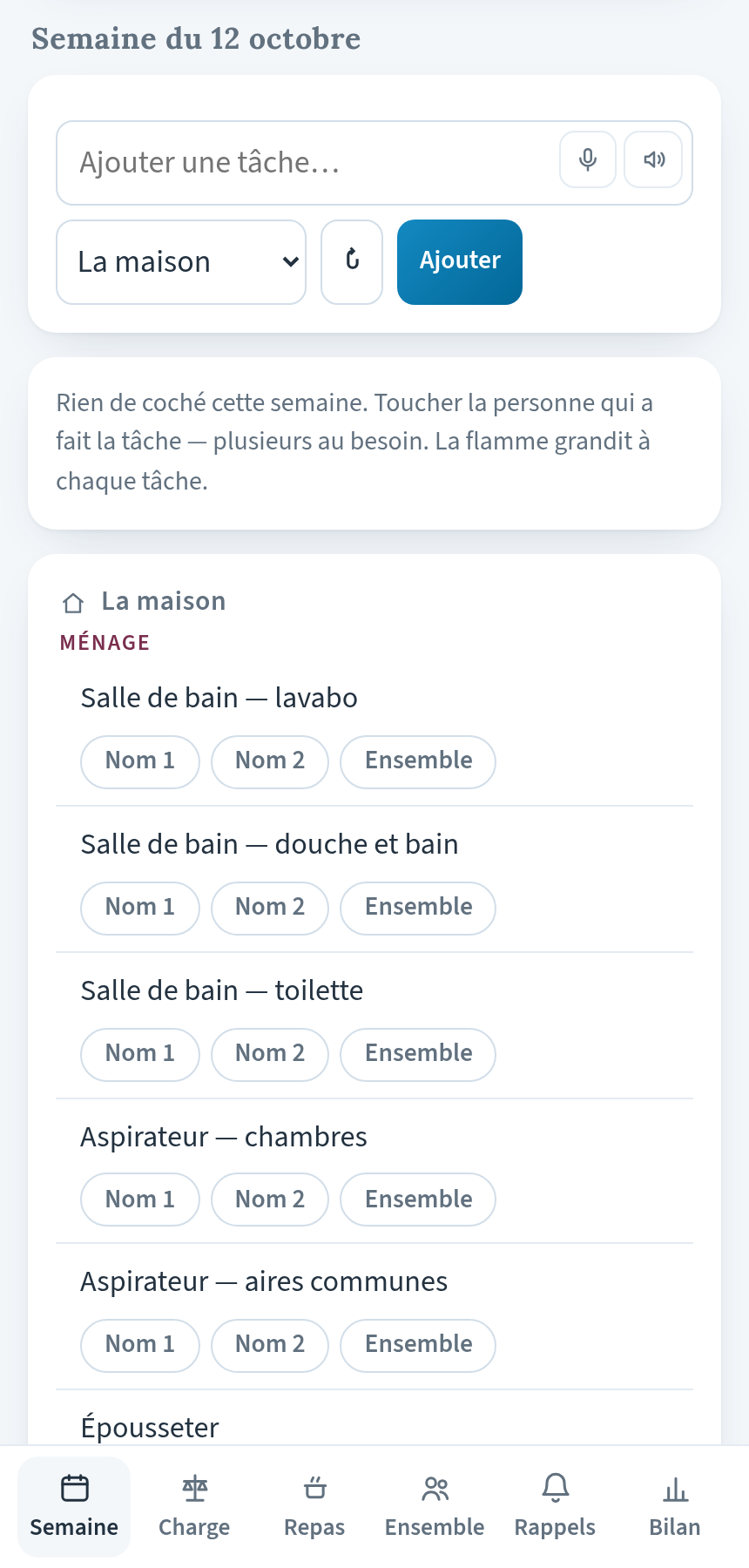 Aperçu de l'outil Chez nous : la semaine des tâches et la flamme.