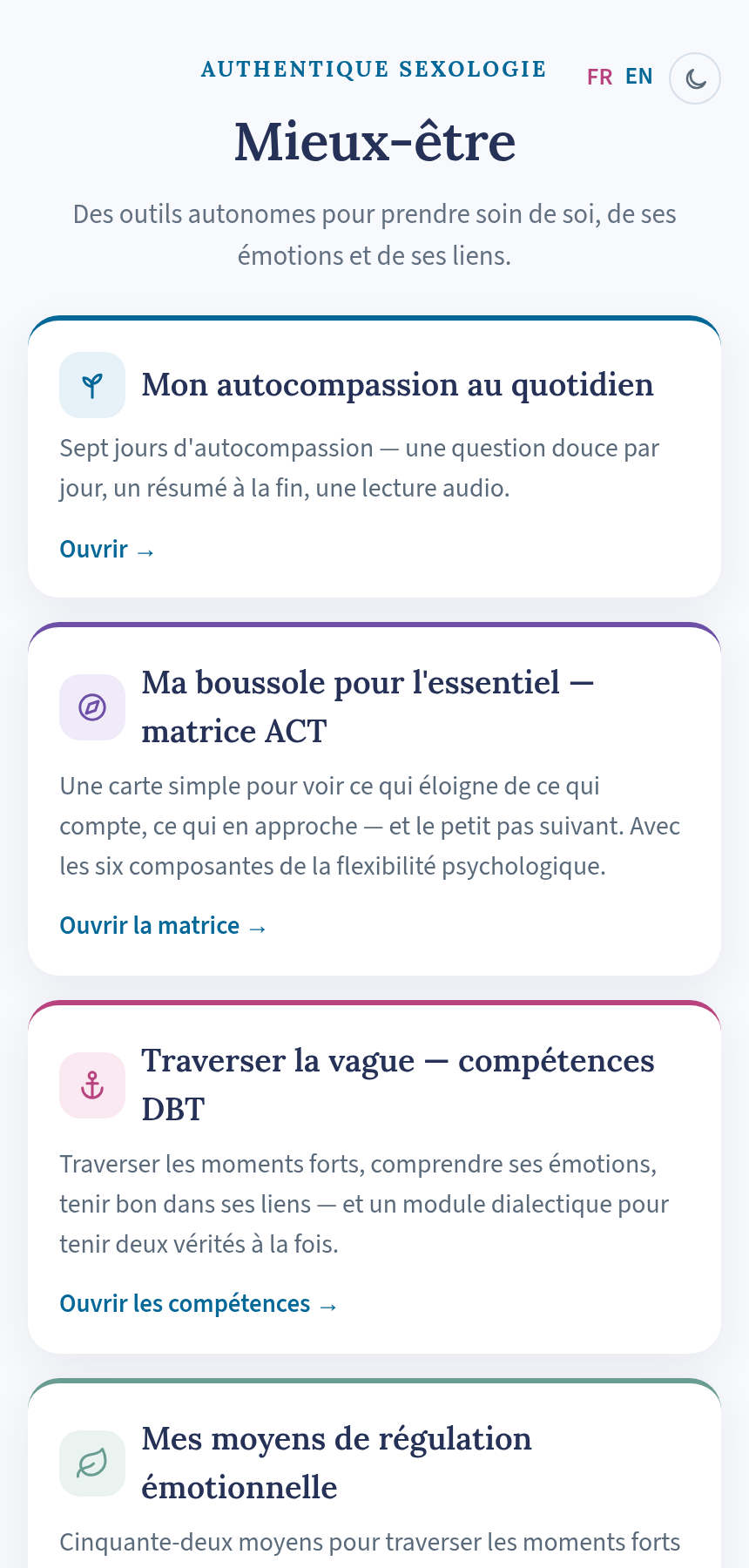 Aperçu de la suite Mieux-être : quatre outils réunis sur une même page.
